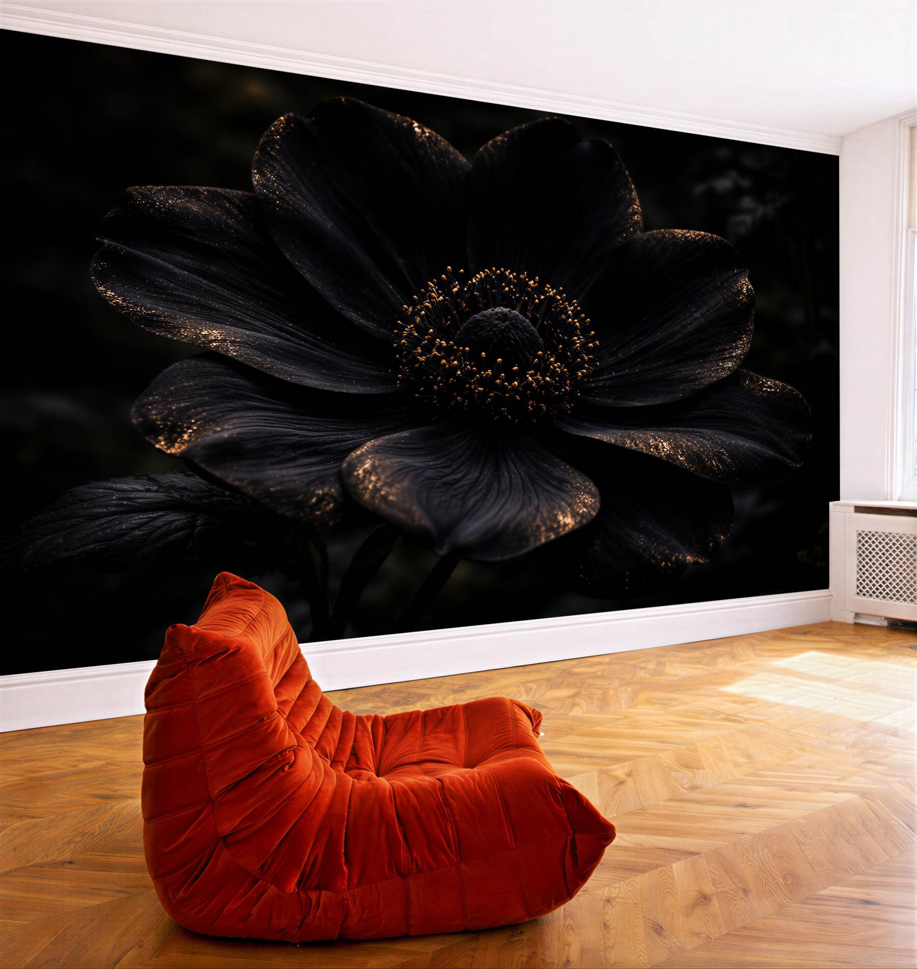 Fototapeten Schwarze Blüte mit goldenem Schimmer