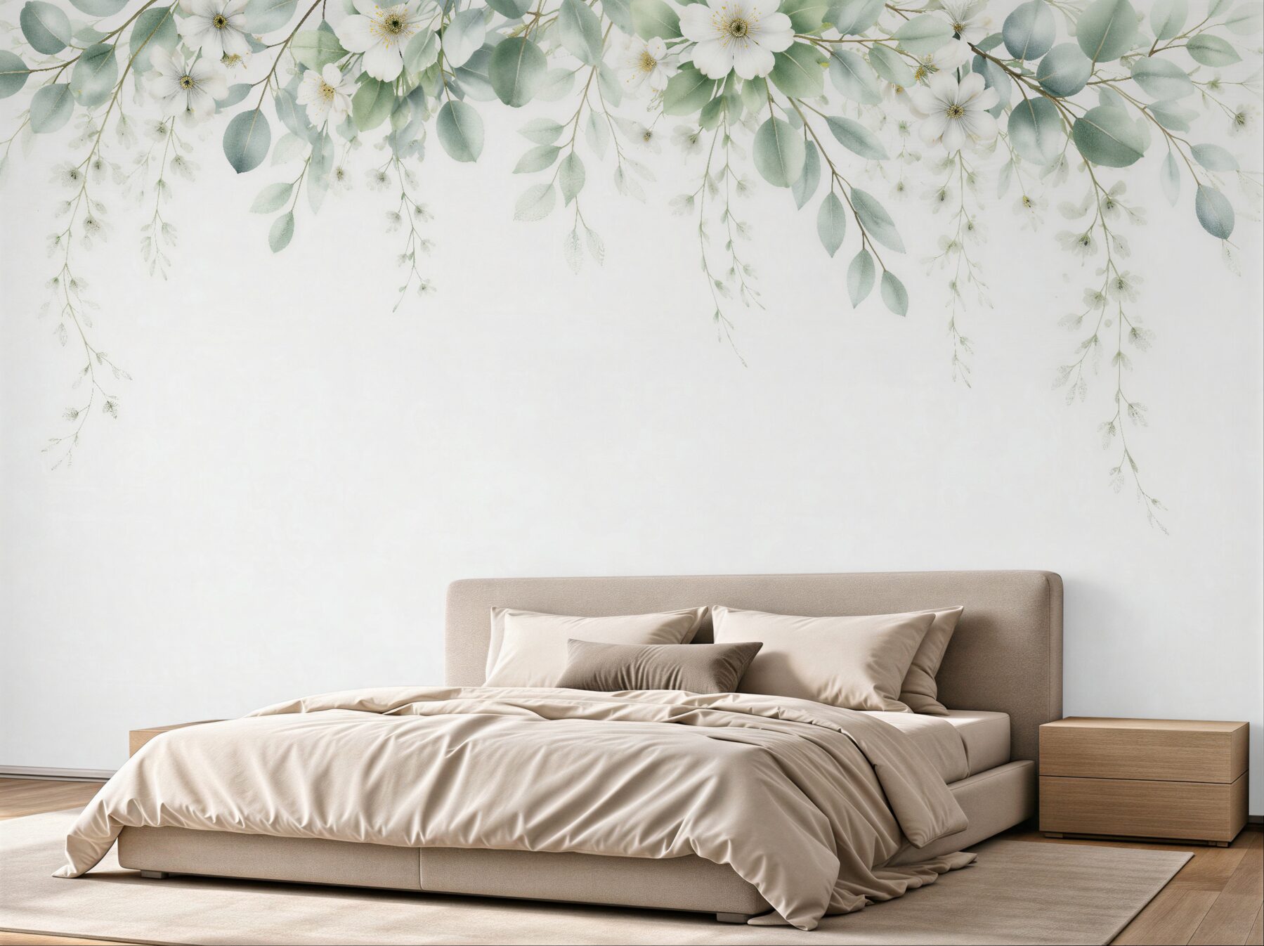 Fototapeten Weiße Blumen und luftige Blätter