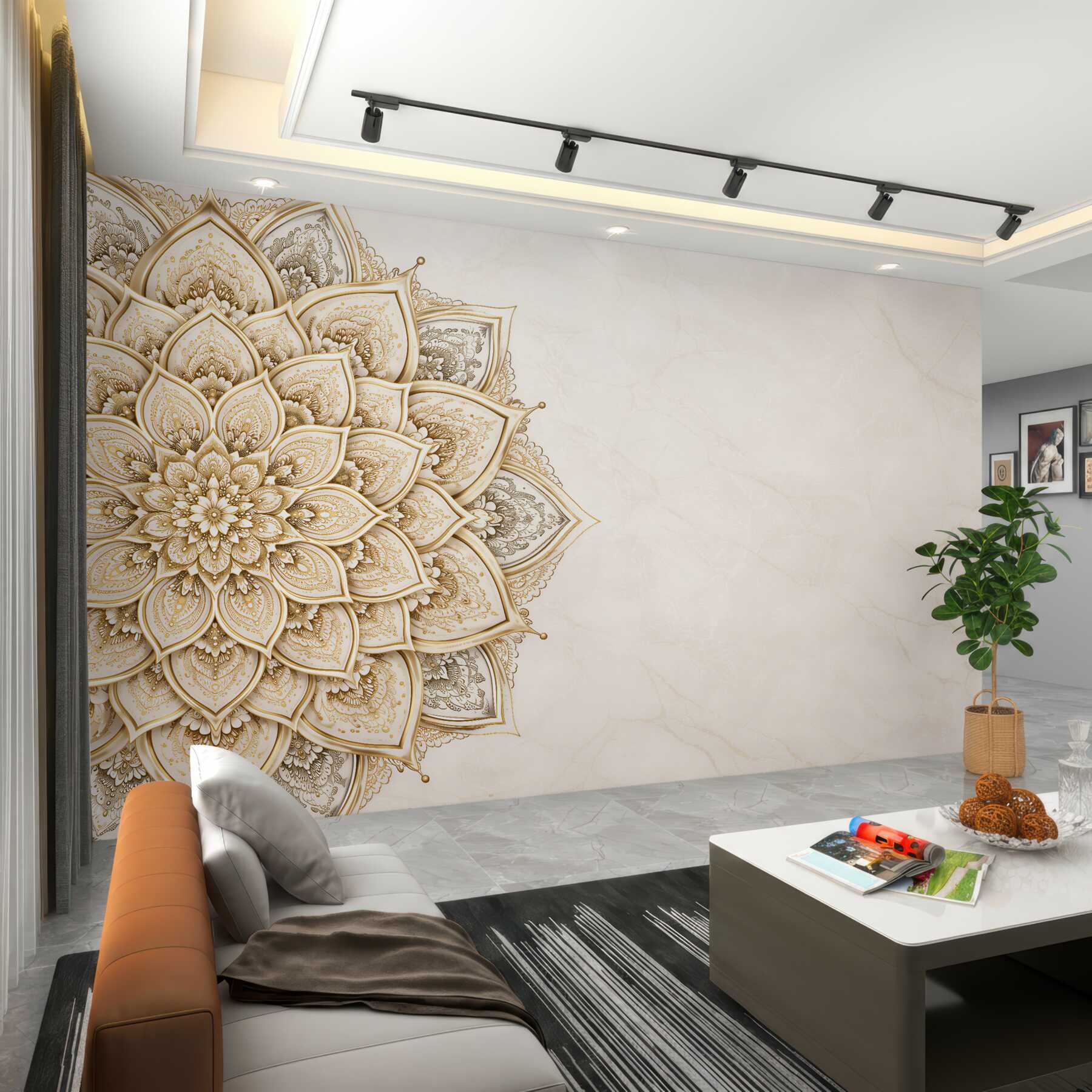 Fototapeten Goldene Mandala auf hellem Marmor
