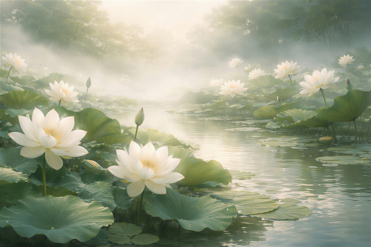Fototapeten Lotusblumen im Morgengrauen über dem Wasser