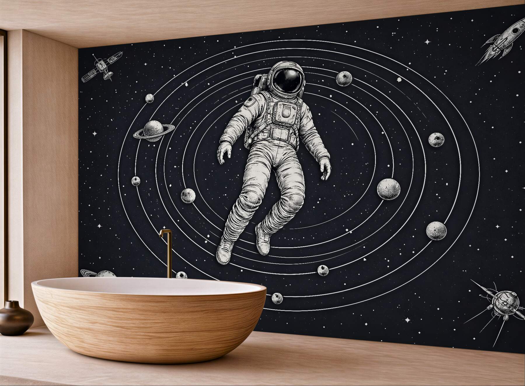 Fototapeten Astronaut zwischen Retro-Planeten
