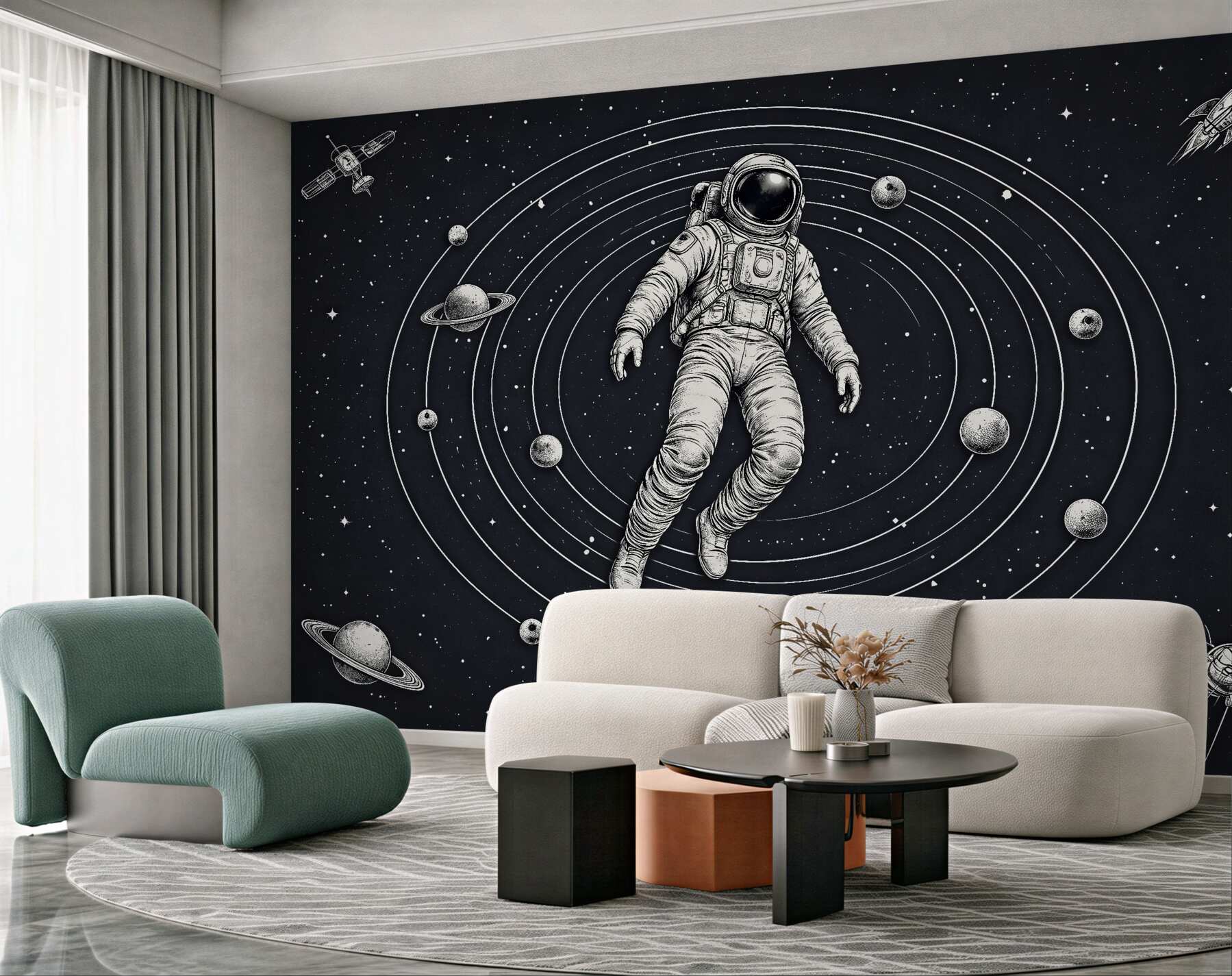 Fototapeten Astronaut zwischen Retro-Planeten