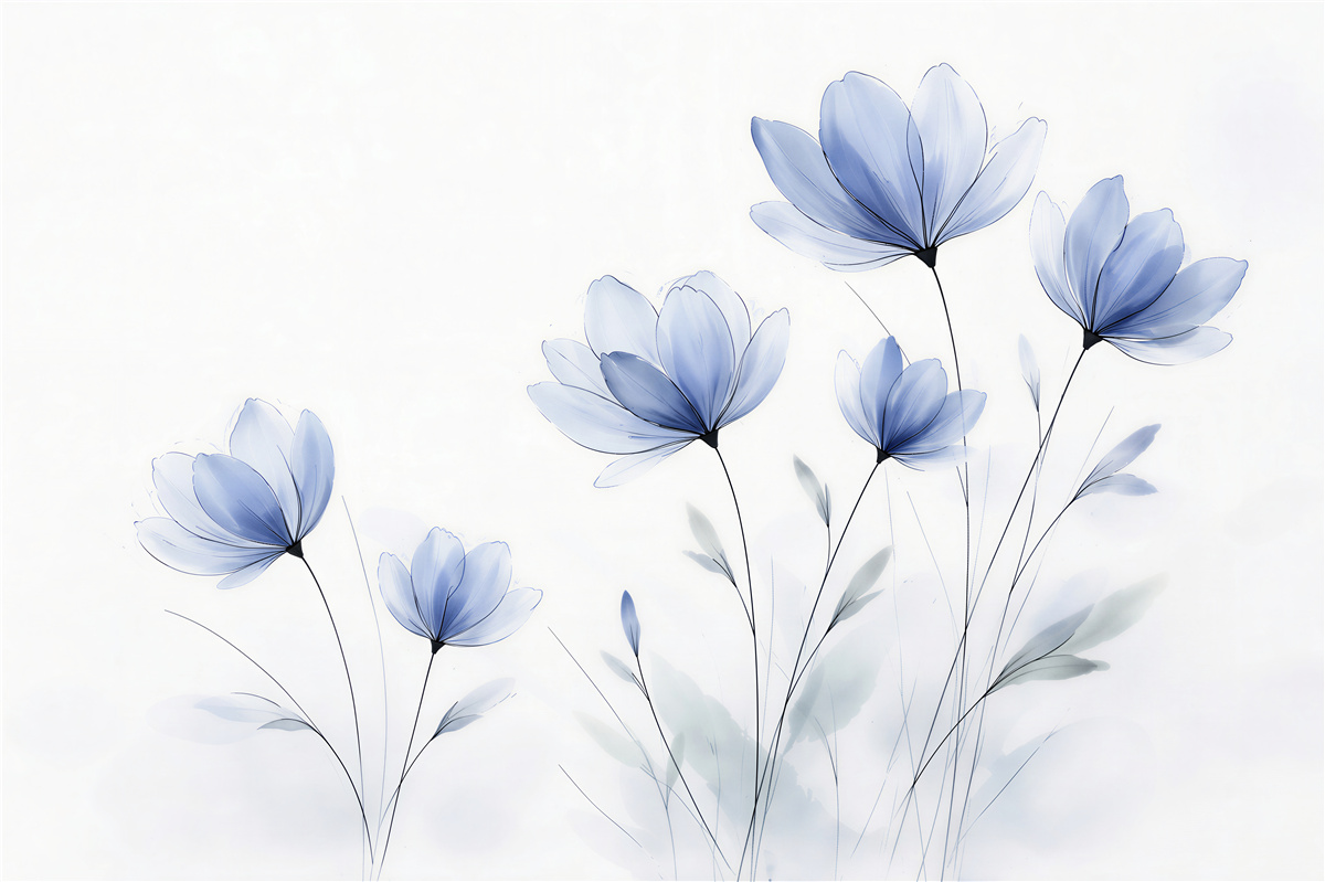 Fototapeten Blaue Blumen im zarten Nebel