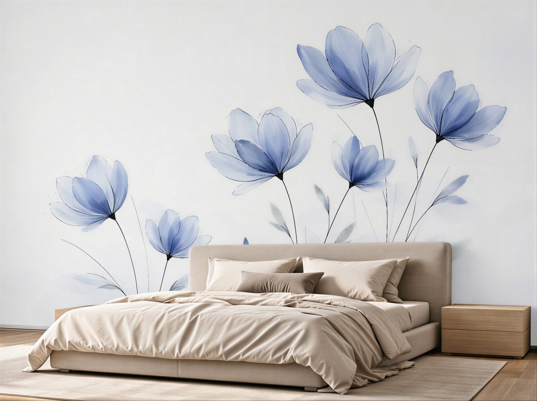 Fototapeten Blaue Blumen im zarten Nebel