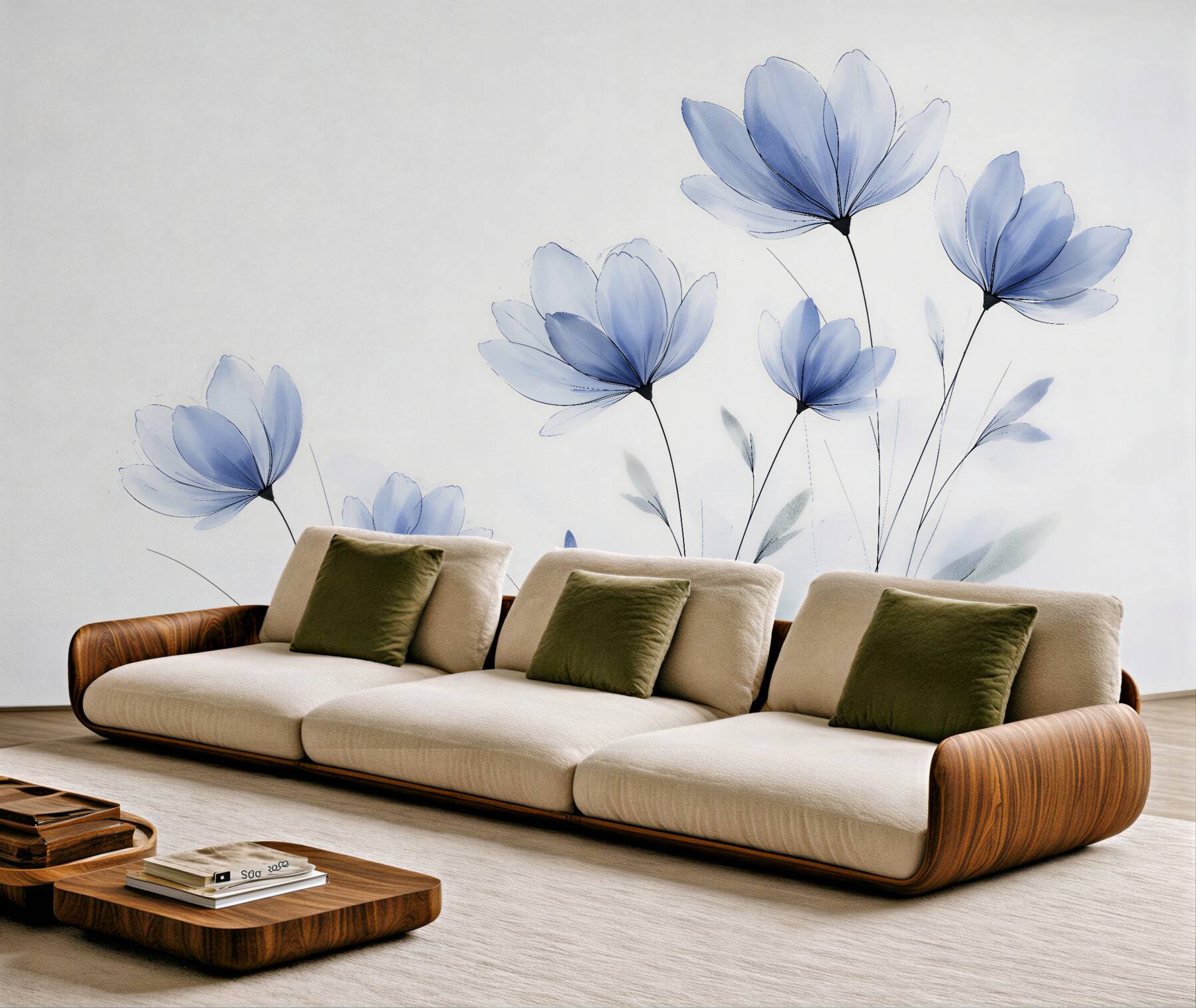 Fototapeten Blaue Blumen im zarten Nebel