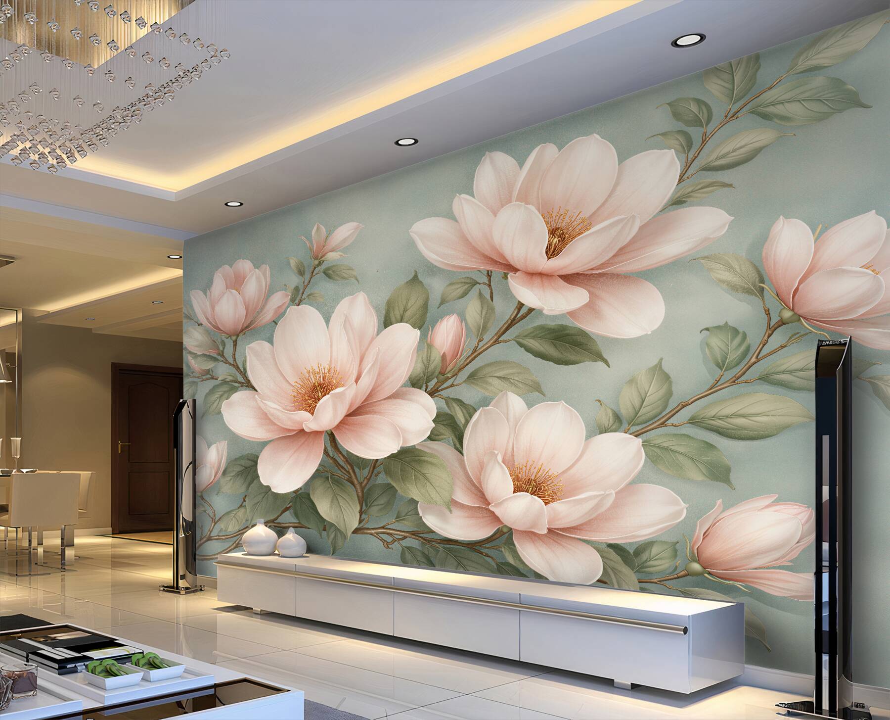 Fototapeten Puderfarbene Magnolien auf türkisfarbenem Hintergrund