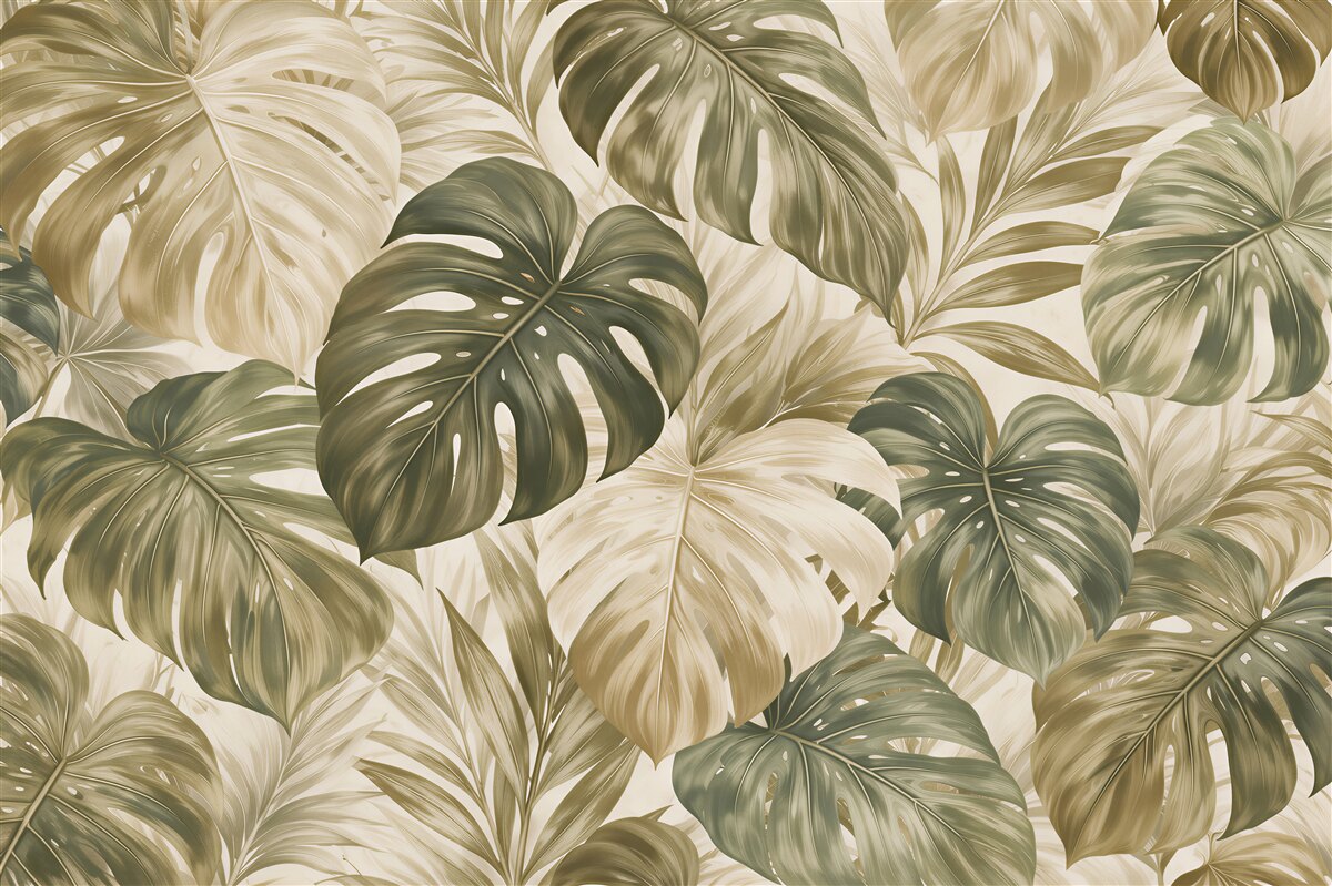 Fototapeten Beige Monstera-Blätter im Retro-Stil