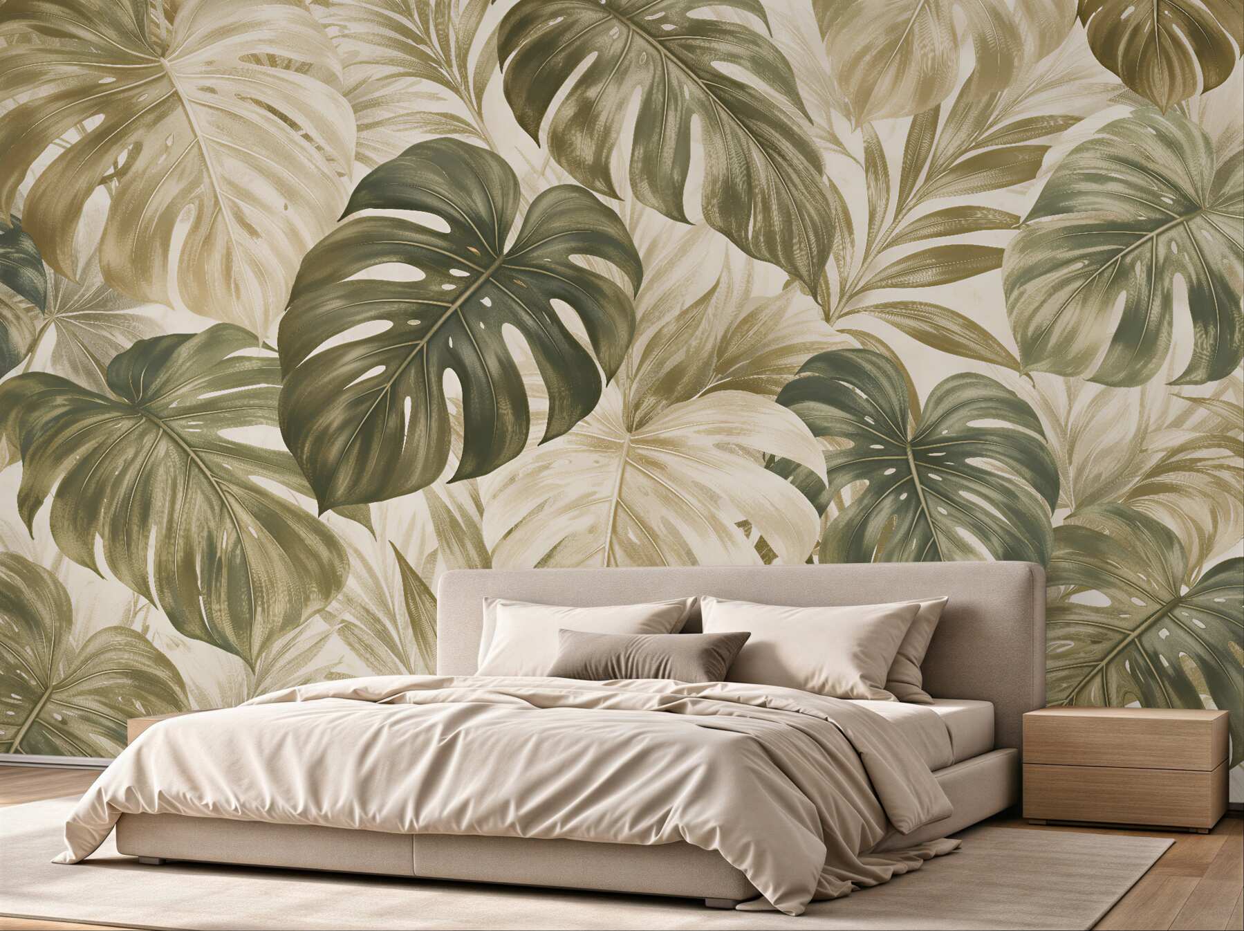 Fototapeten Beige Monstera-Blätter im Retro-Stil