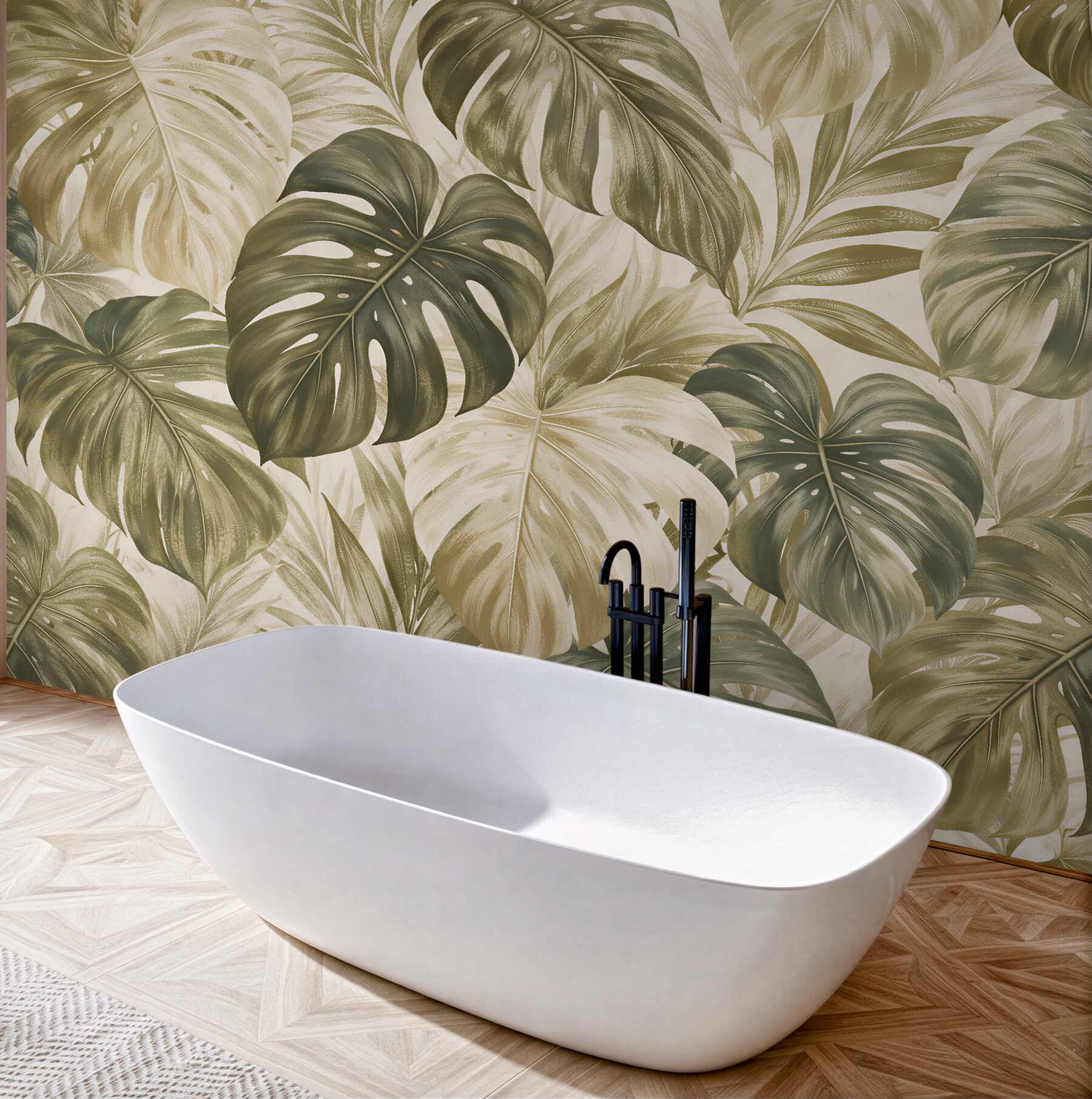 Fototapeten Beige Monstera-Blätter im Retro-Stil