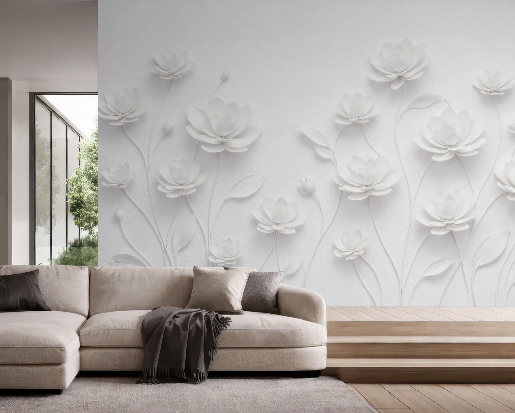Fototapeten Weiße Blumen in subtilem 3D