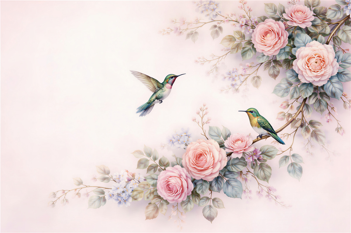 Fototapeten Kolibris unter pastellfarbenen Rosen