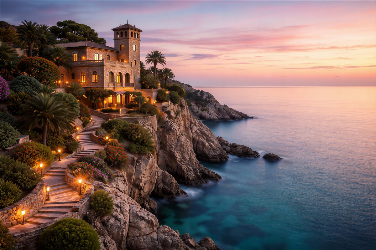 Fototapeten Luxuriöse Villa am ruhigen Meer