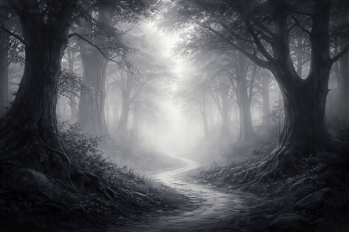 Fototapeten Düsterer Waldweg im Nebel