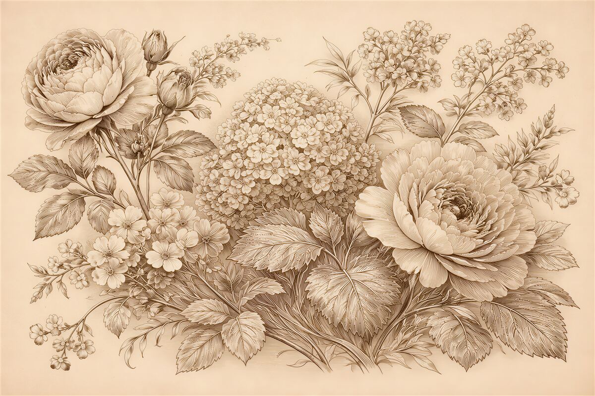 Fototapeten Florale Skizze in Sepia