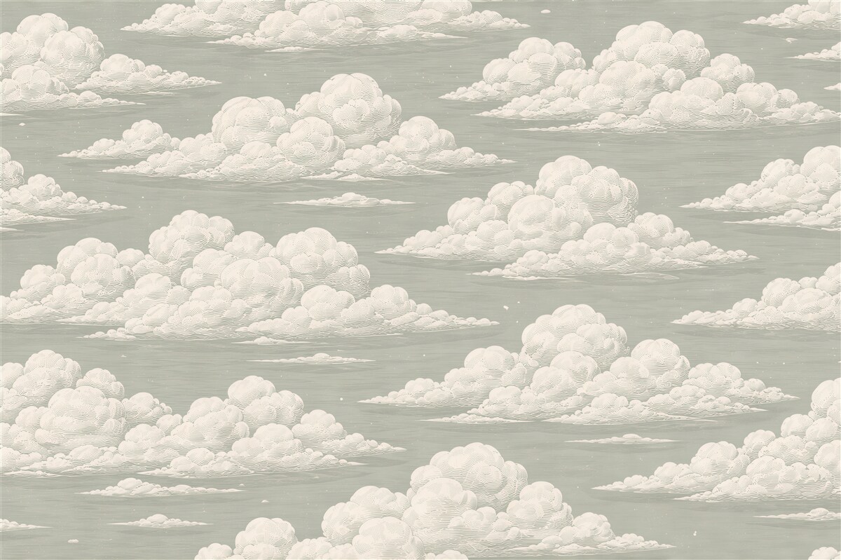 Fototapeten Flauschige Wolken am salbeigrünen Himmel