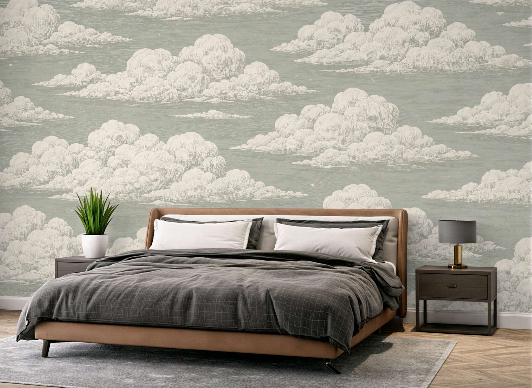 Fototapeten Flauschige Wolken am salbeigrünen Himmel