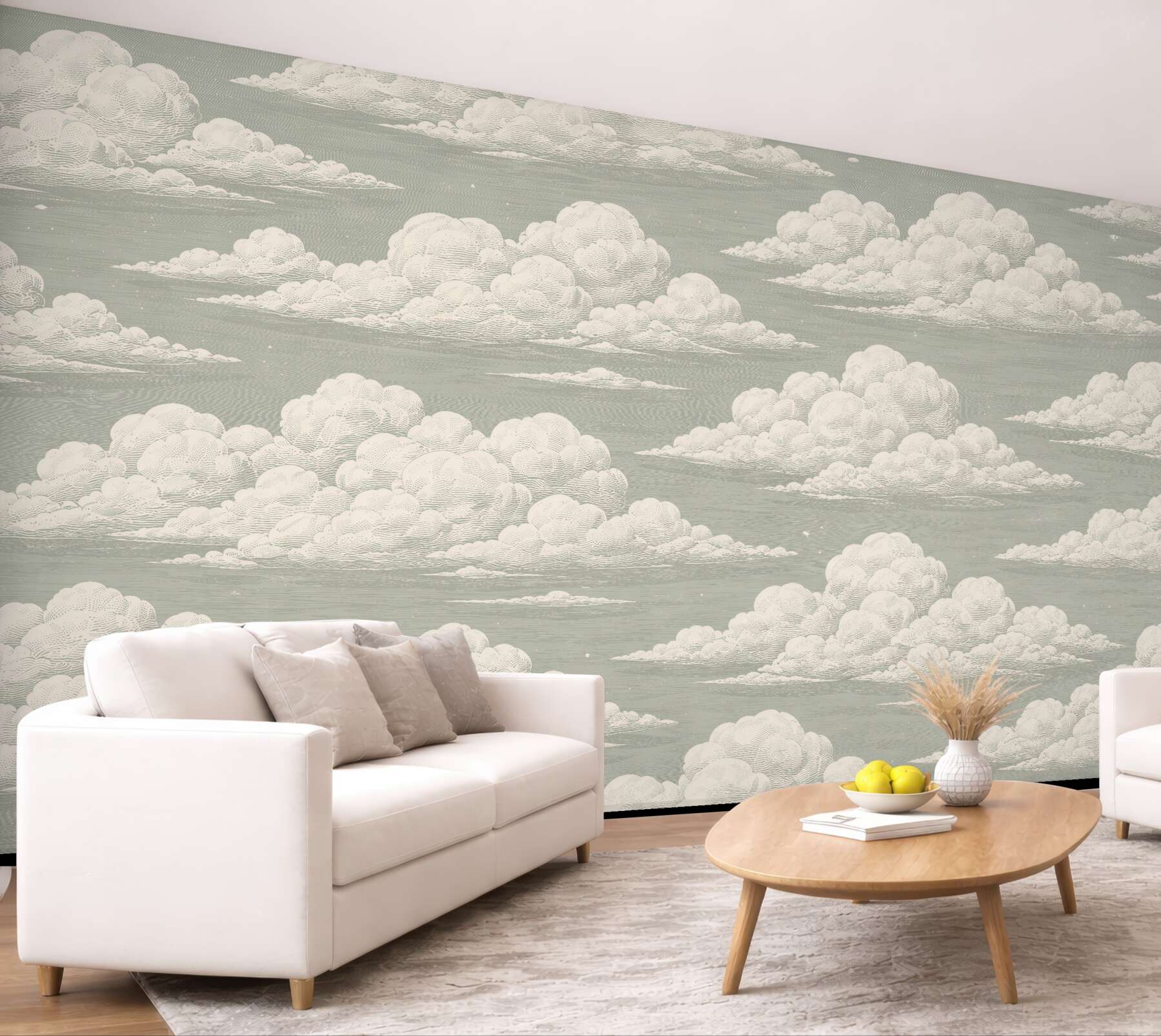 Fototapeten Flauschige Wolken am salbeigrünen Himmel