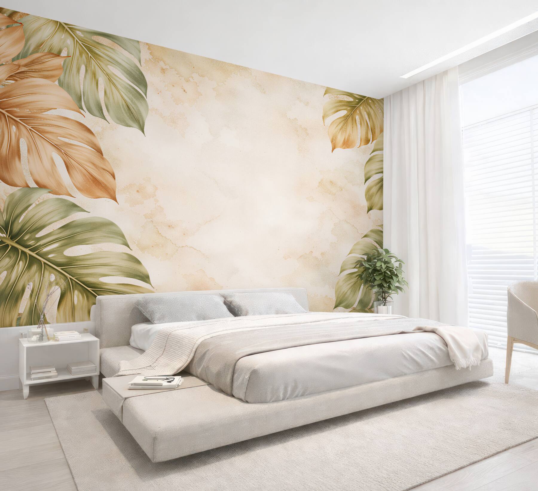 Fototapeten Tropische Monstera-Blätter in Beige
