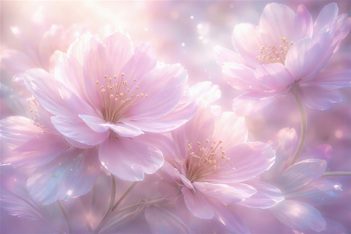 Fototapeten Märchenhafte rosa Blumen im Morgengrauen