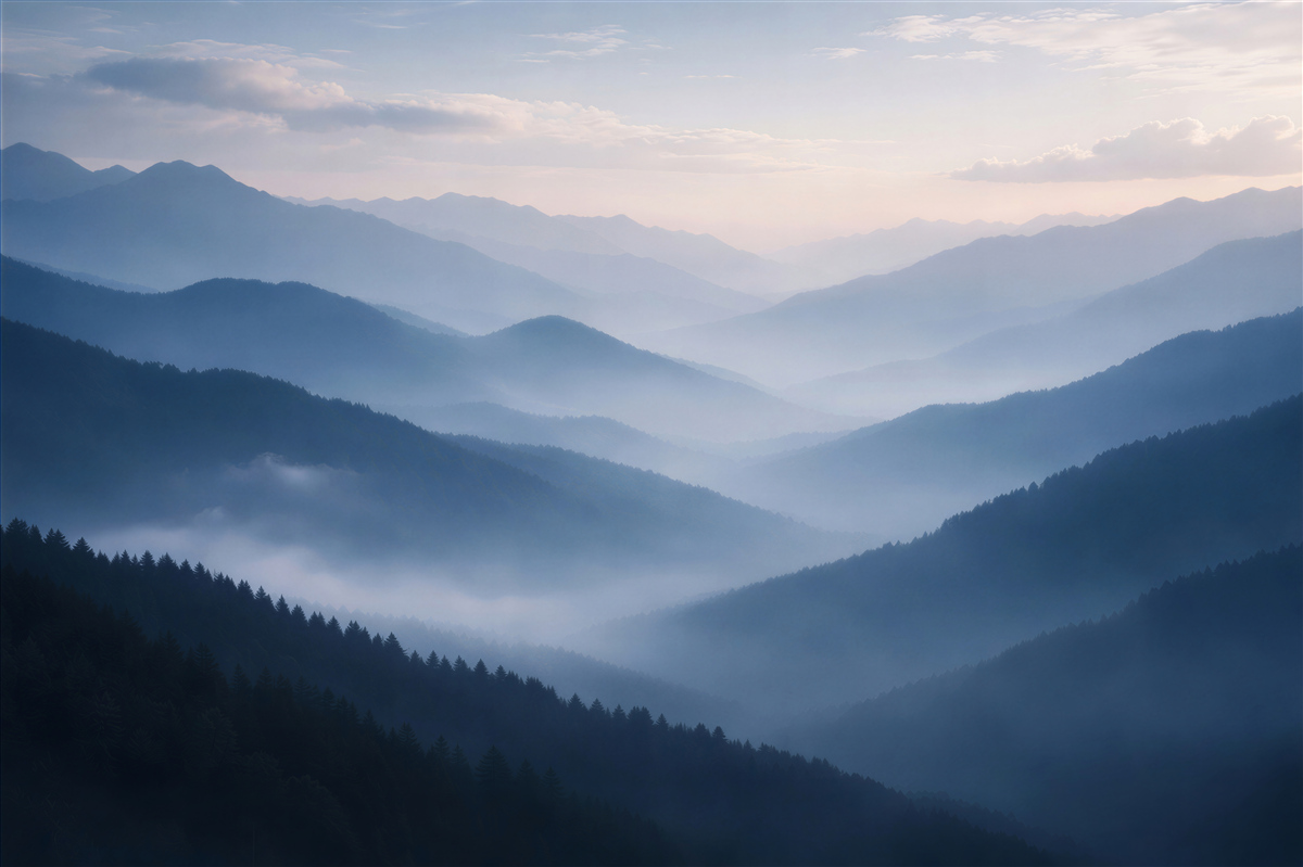 Fototapeten Nebliges Bergenerwachen
