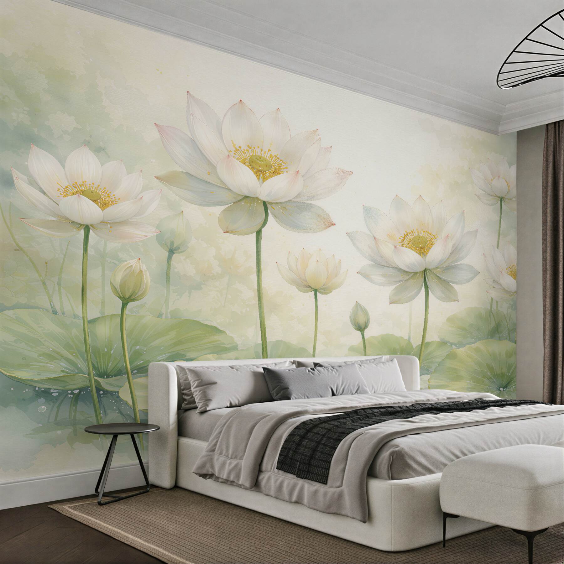 Fototapeten Weiße Lotusblüten im Aquarellteich