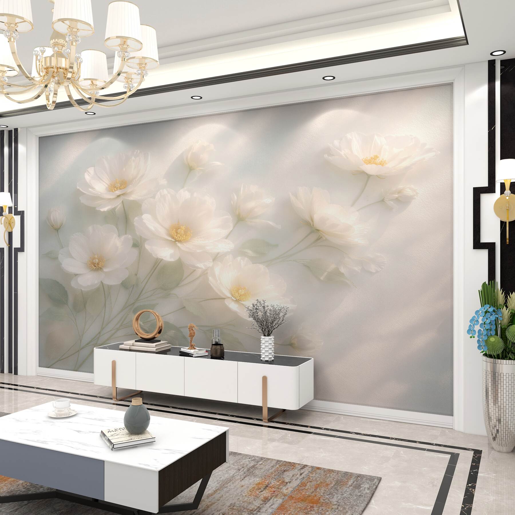 Fototapeten Cremefarbene Blumen in weichem Licht