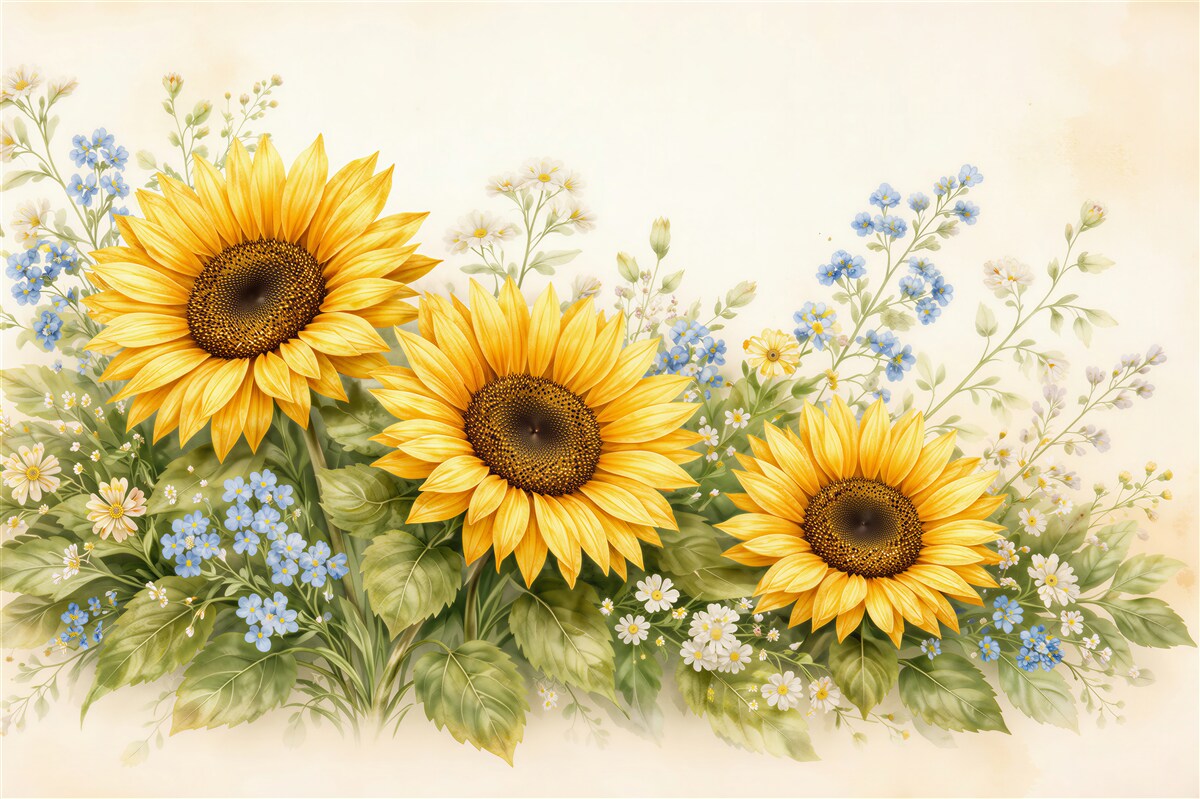 Fototapeten Sonnenblumen auf pastellfarbener Wiese