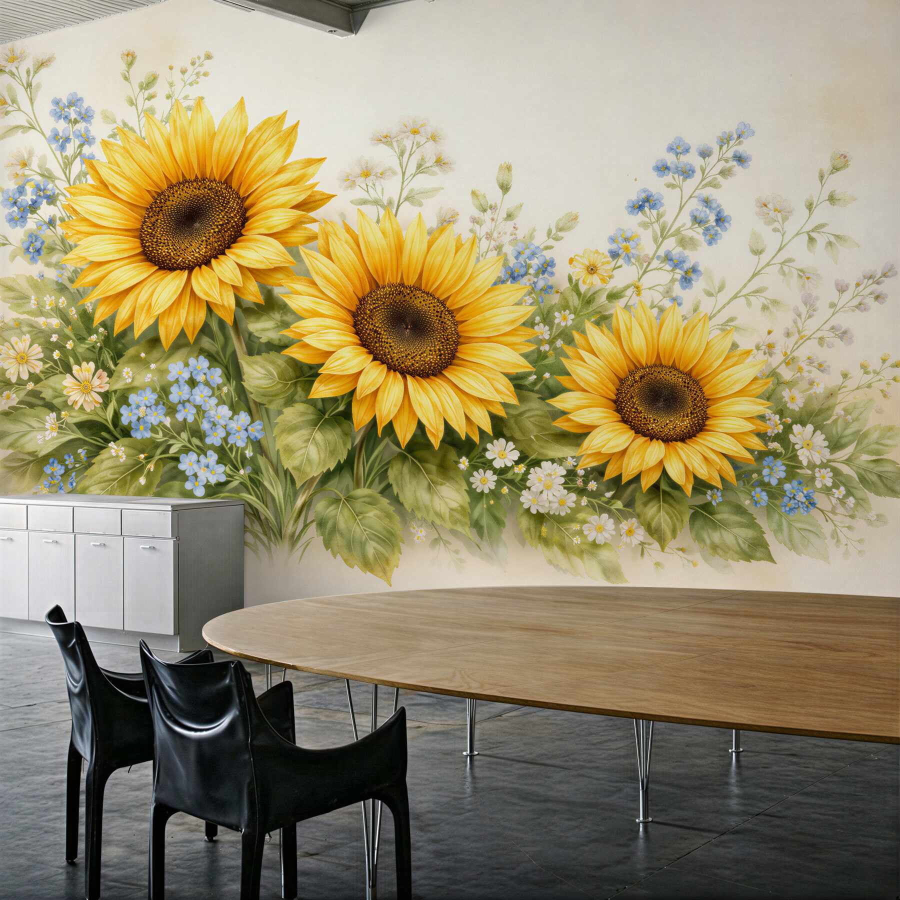 Fototapeten Sonnenblumen auf pastellfarbener Wiese