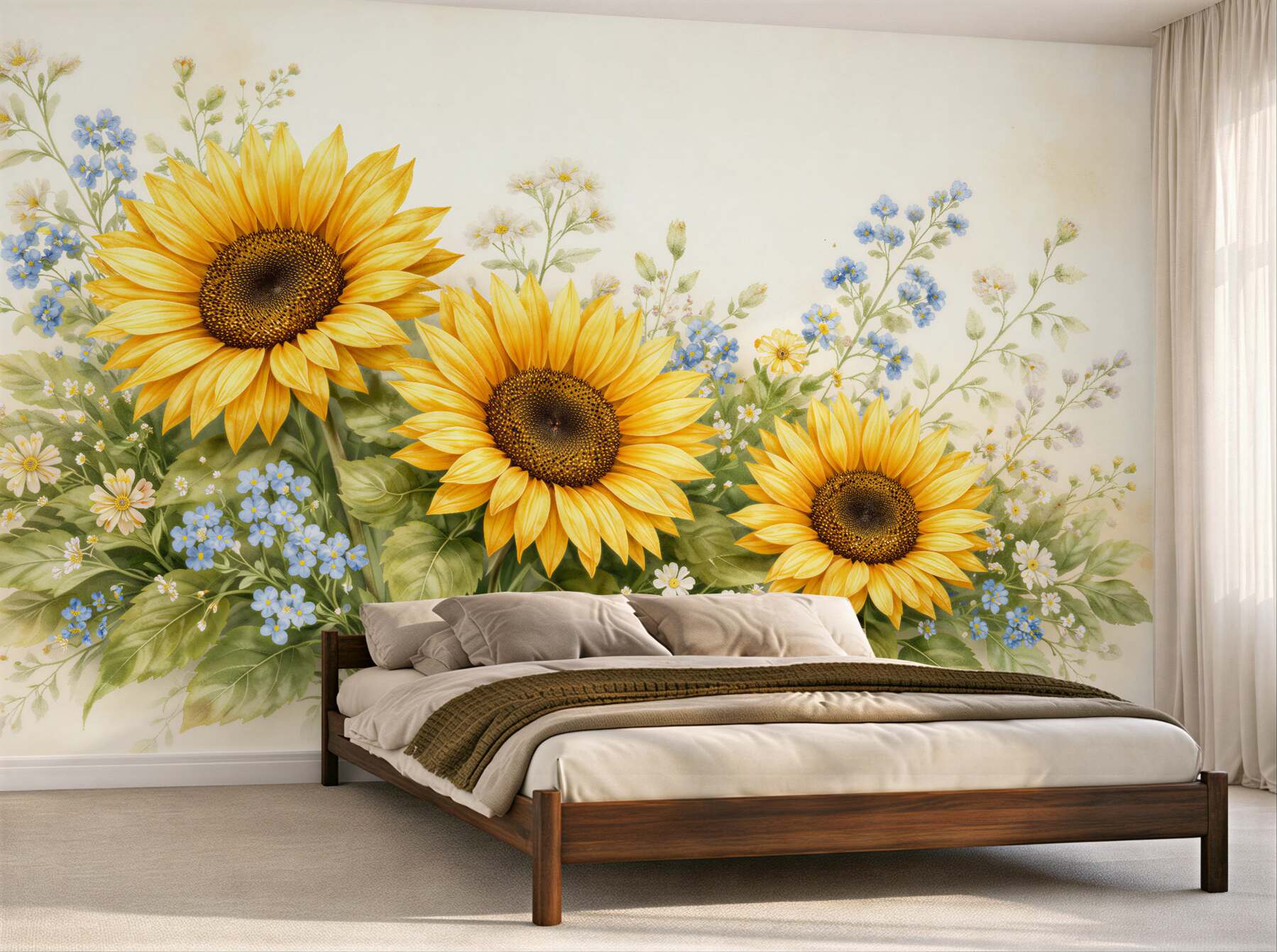 Fototapeten Sonnenblumen auf pastellfarbener Wiese