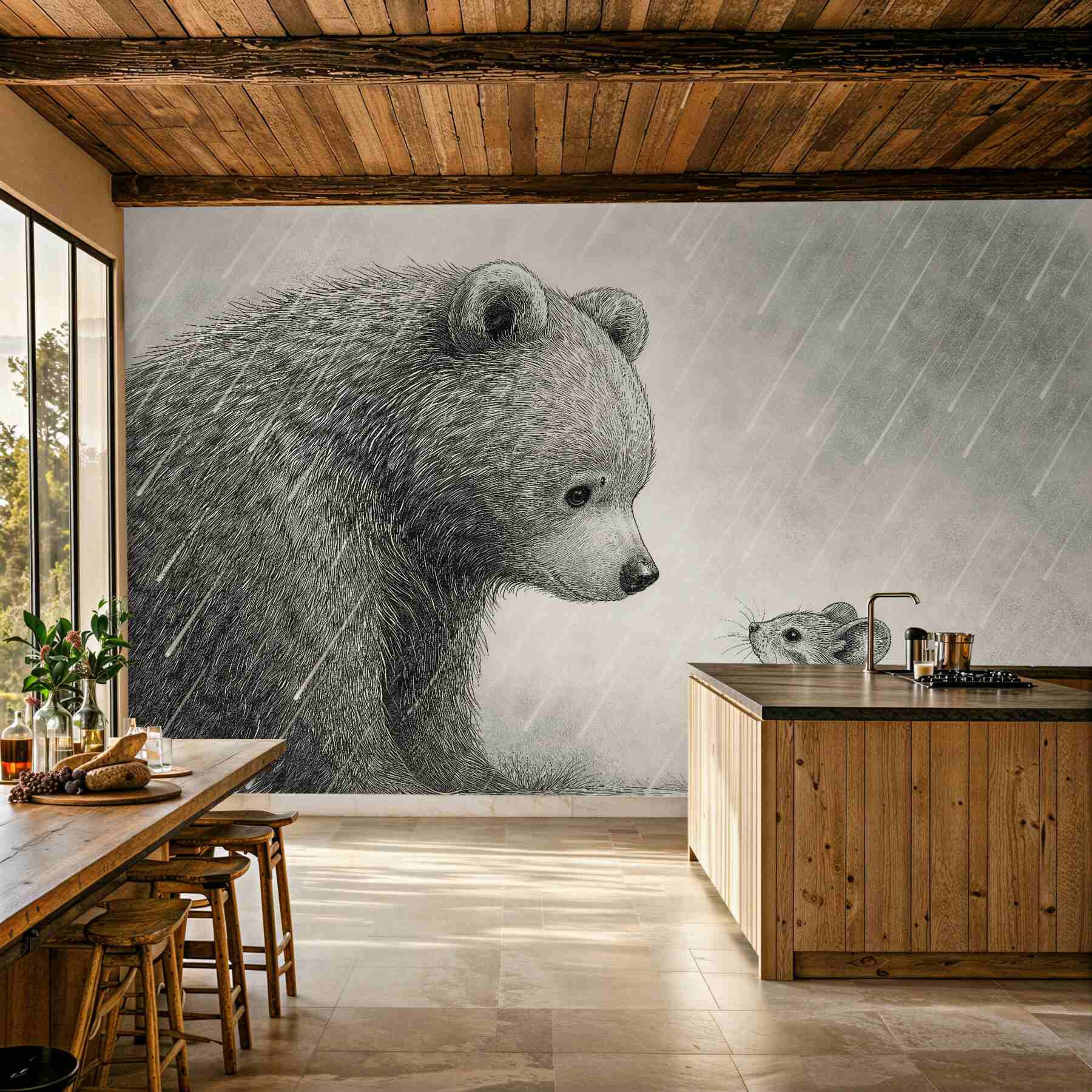 Fototapeten Bär und Maus im Regen