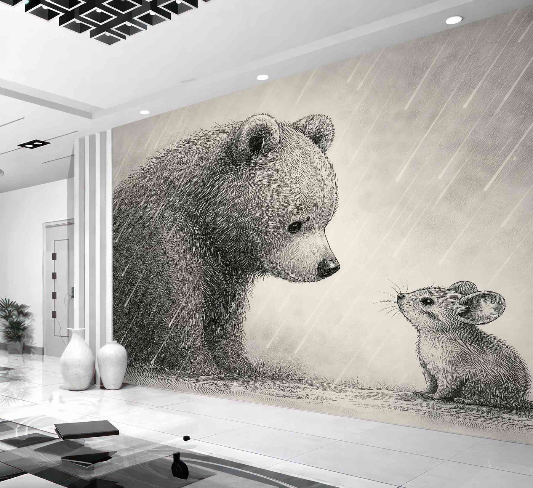 Fototapeten Bär und Maus im Regen