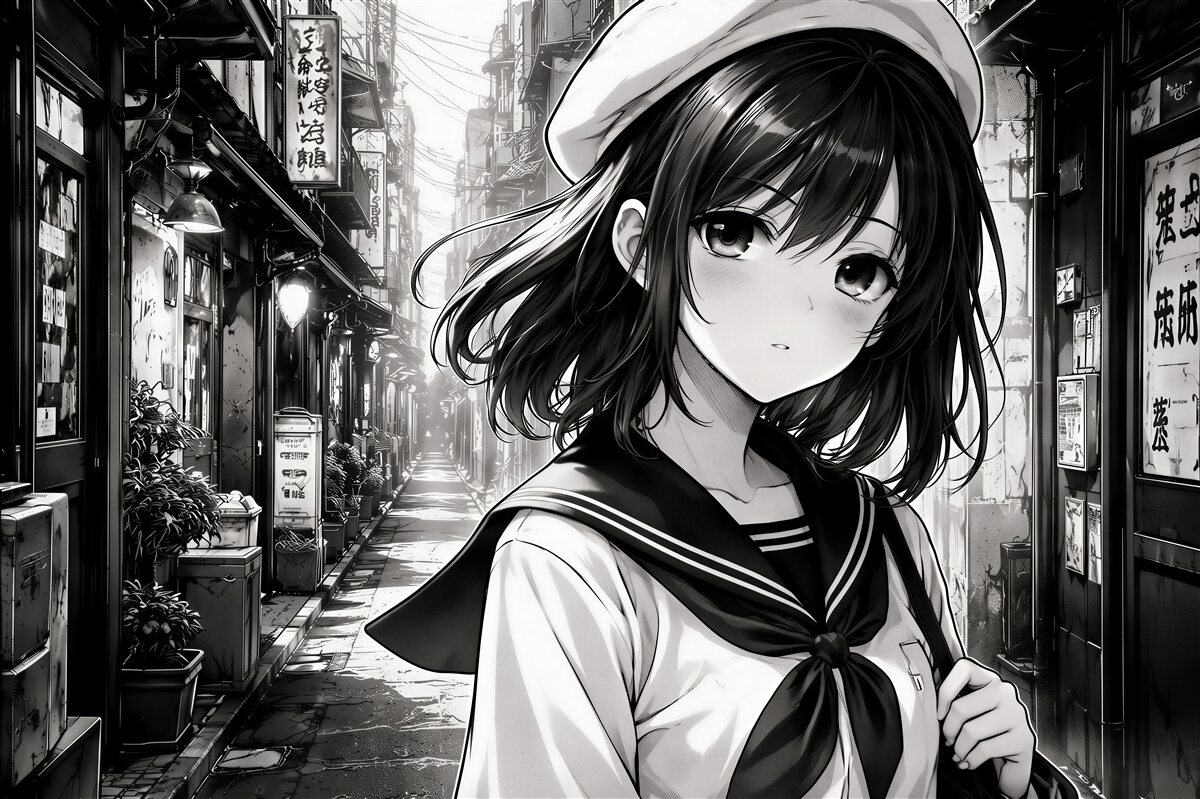 Fototapeten Manga-Mädchen in einer städtischen Gasse