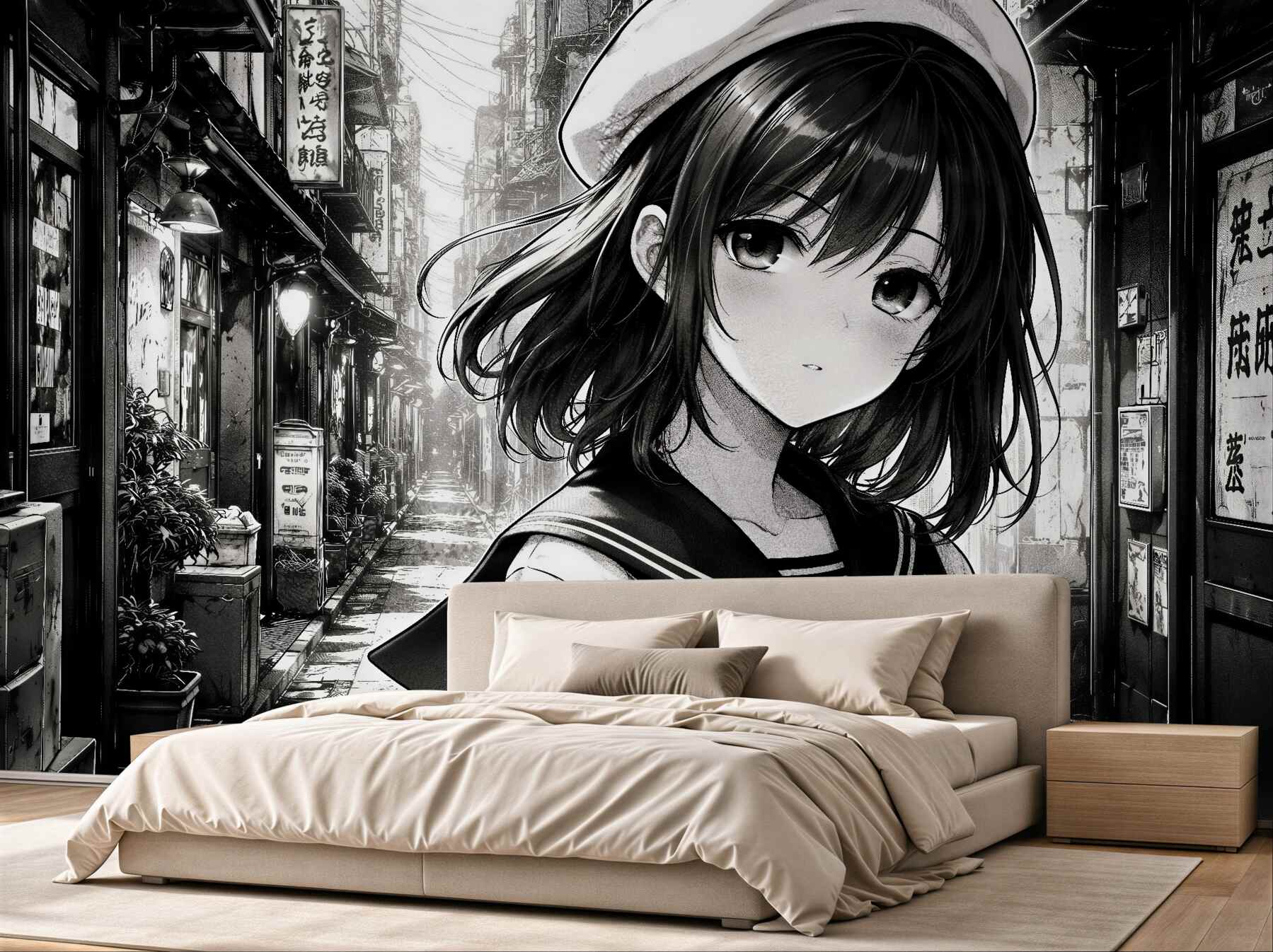 Fototapeten Manga-Mädchen in einer städtischen Gasse