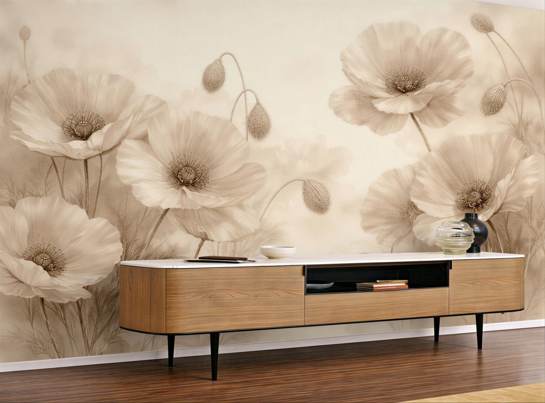 Fototapeten Beige Mohnblumen im subtilen Nebelschleier