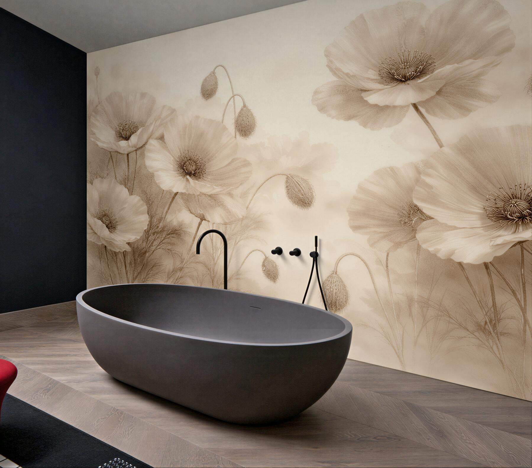 Fototapeten Beige Mohnblumen im subtilen Nebelschleier