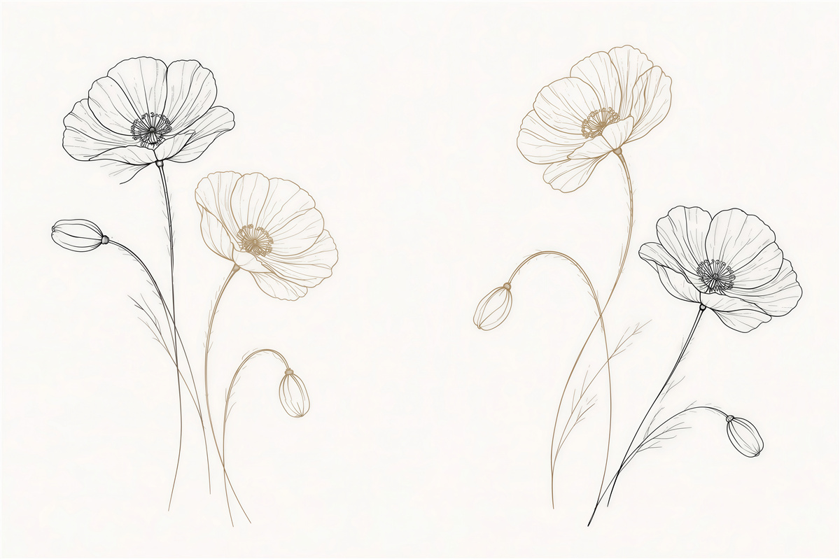 Fototapeten Zarte Mohnblumen in linearer Skizze