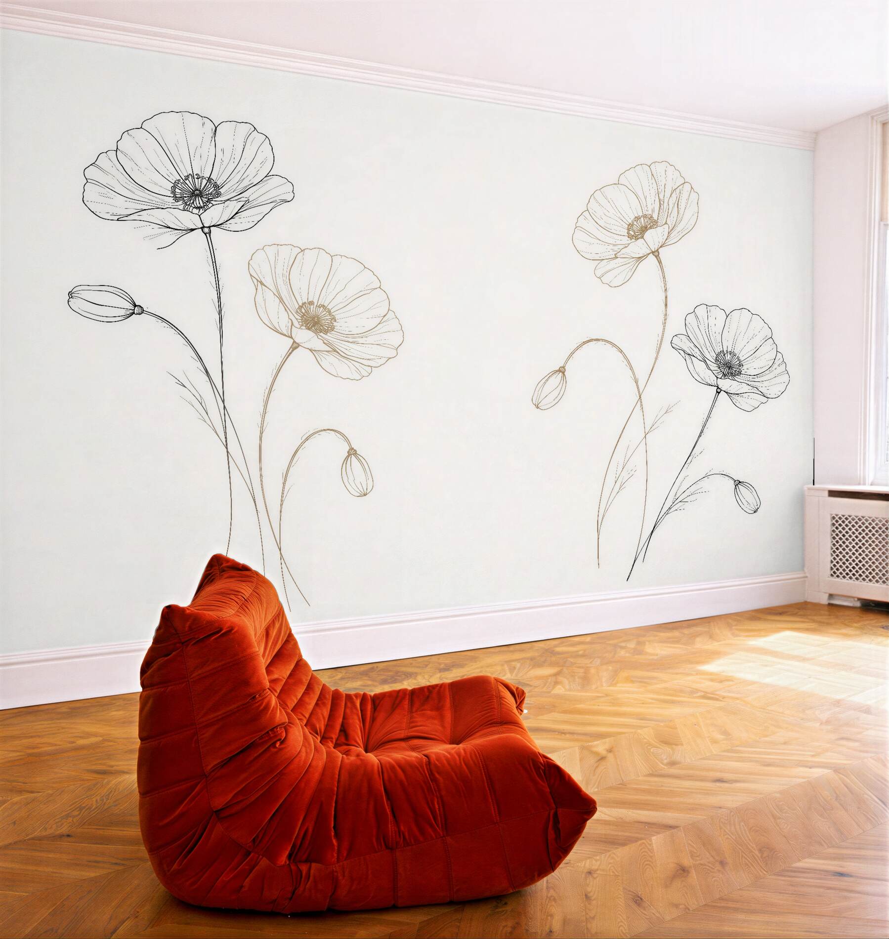 Fototapeten Zarte Mohnblumen in linearer Skizze