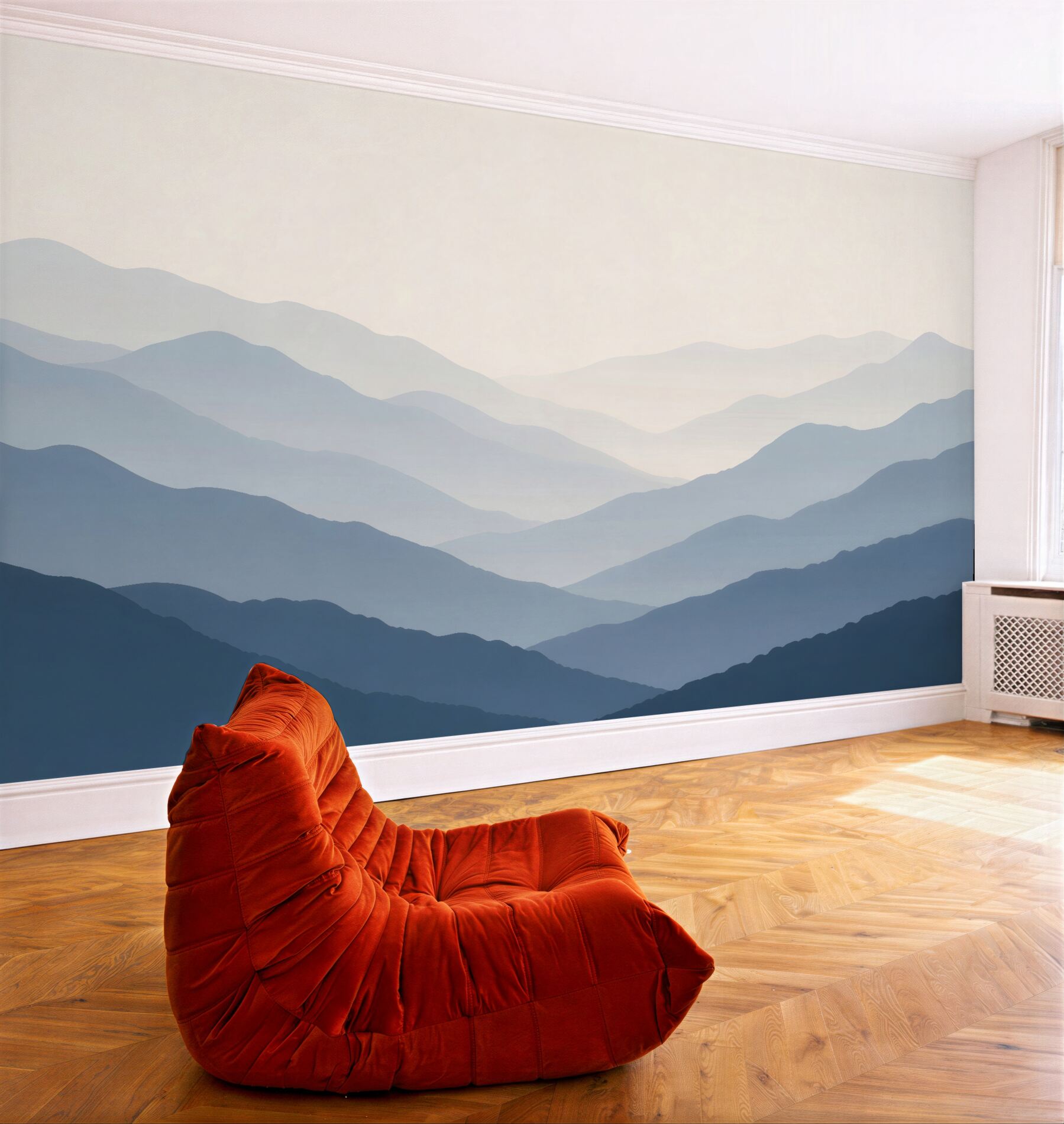 Fototapeten Neblige Landschaft blauer Berge