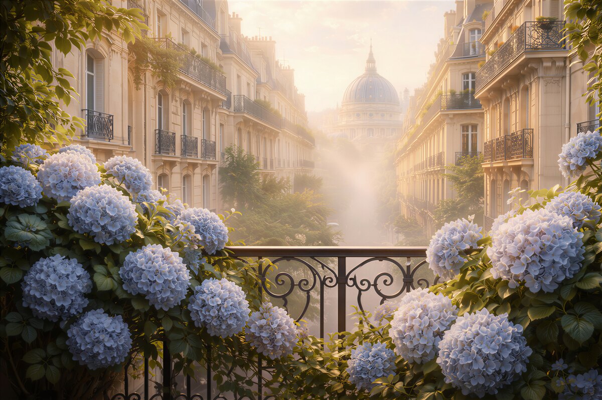 Fototapeten Pariser Balkon in Blumen bei Tagesanbruch