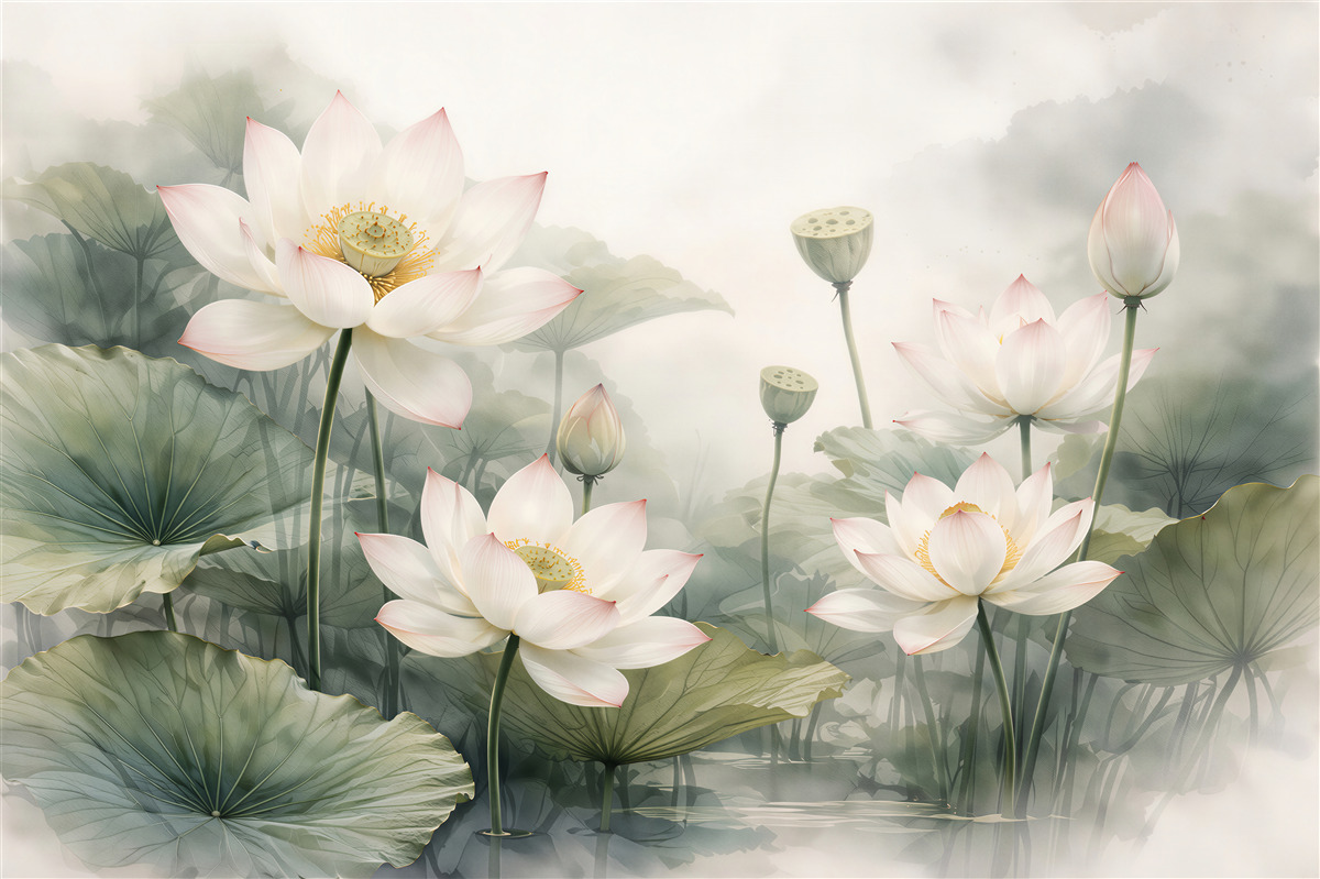 Fototapeten Weiße Lotusblumen über ruhigem Wasser