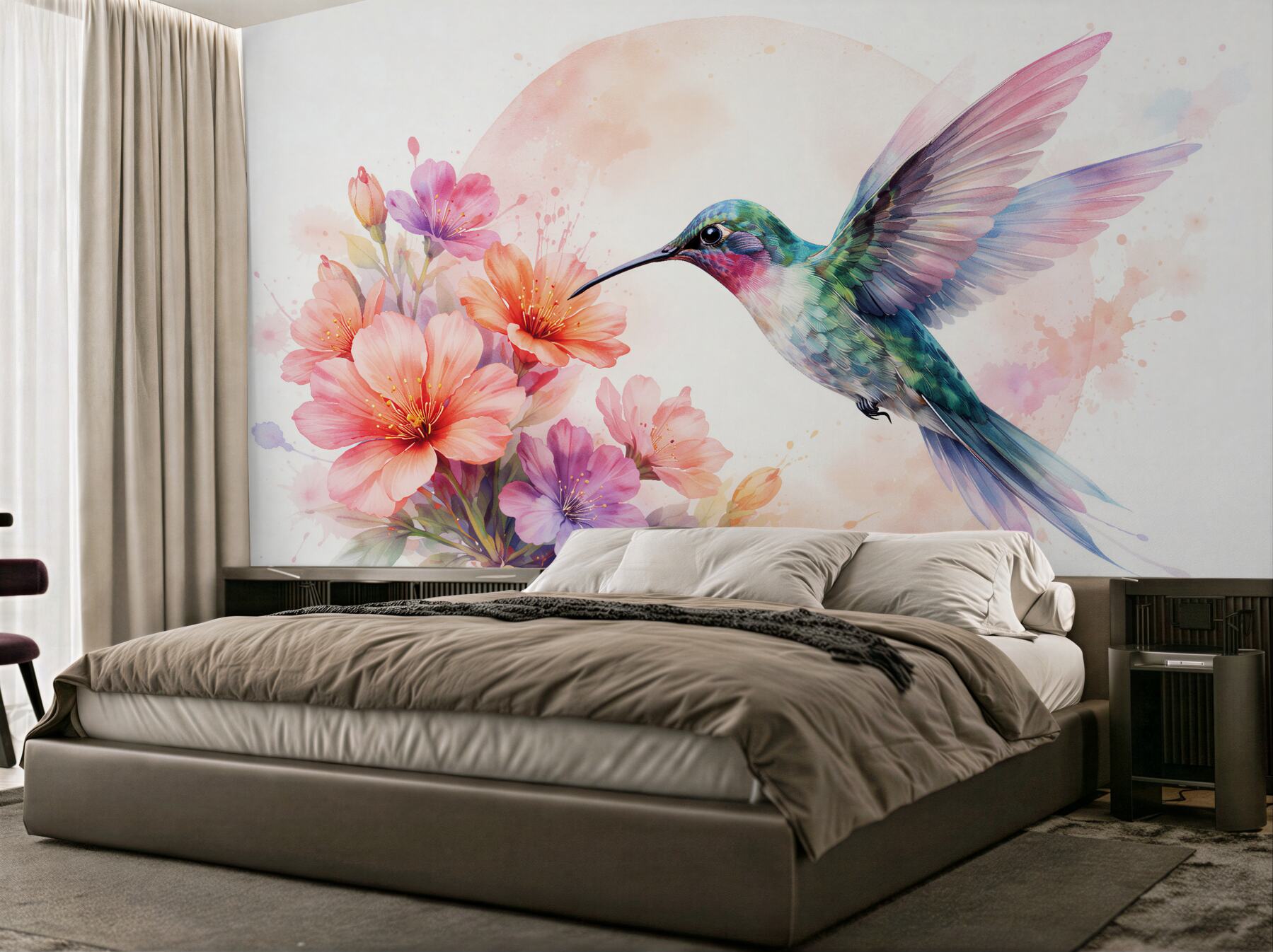 Fototapeten Aquarellkolibri zwischen Pastellblumen