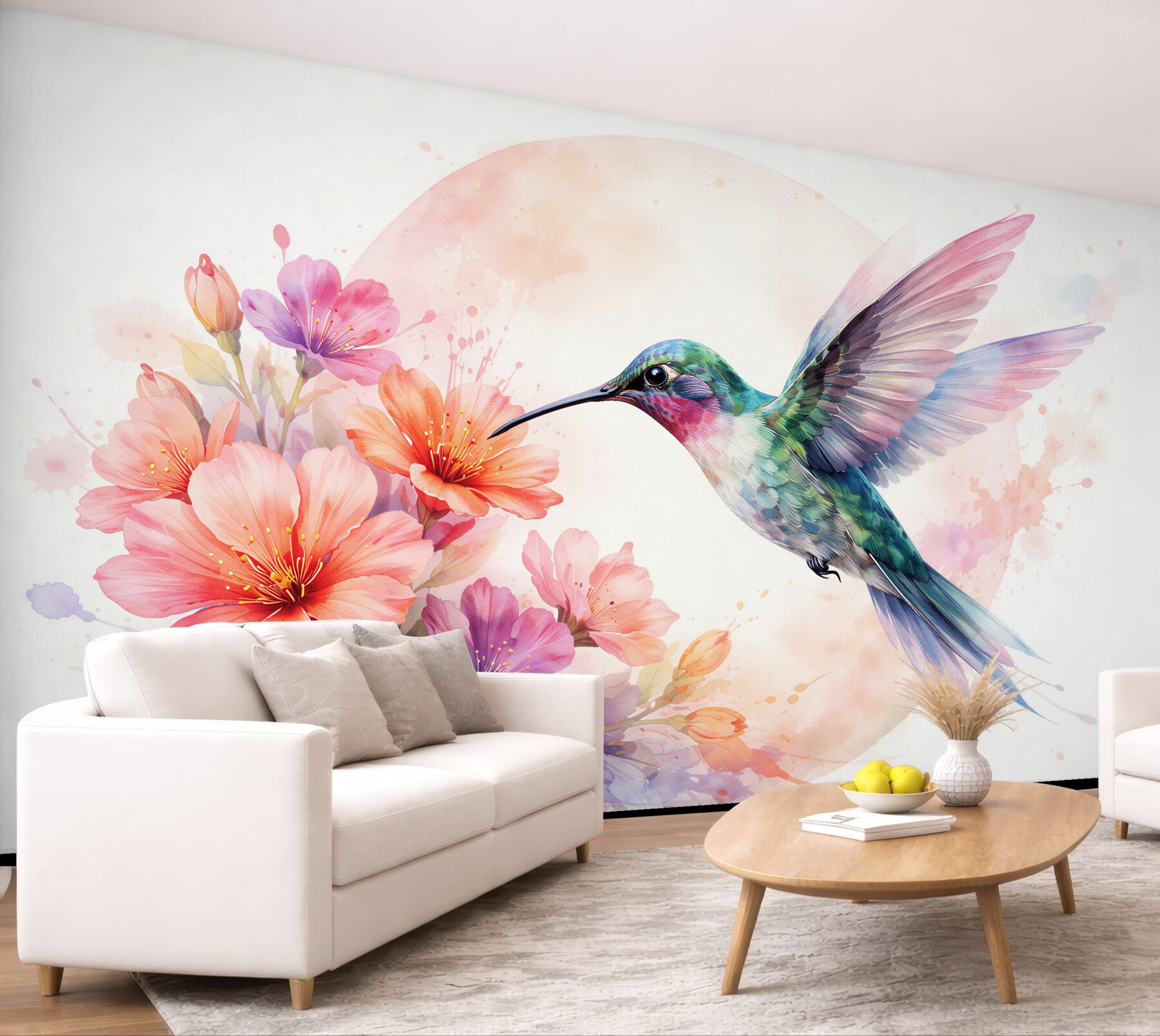 Fototapeten Aquarellkolibri zwischen Pastellblumen
