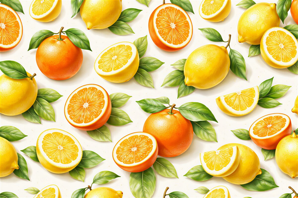 Fototapeten Zitrusmuster mit Orangen und Zitronen