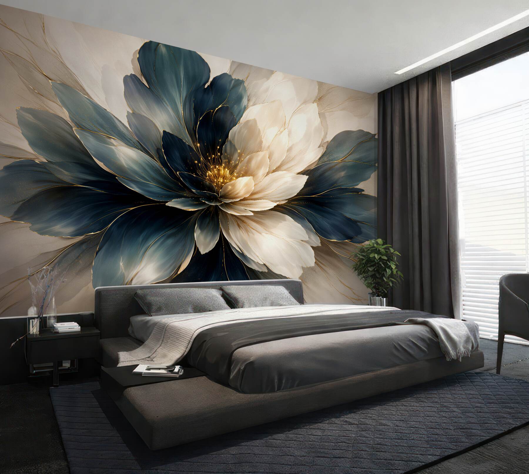 Fototapeten Dunkelblaue Blume mit goldenem Schimmer