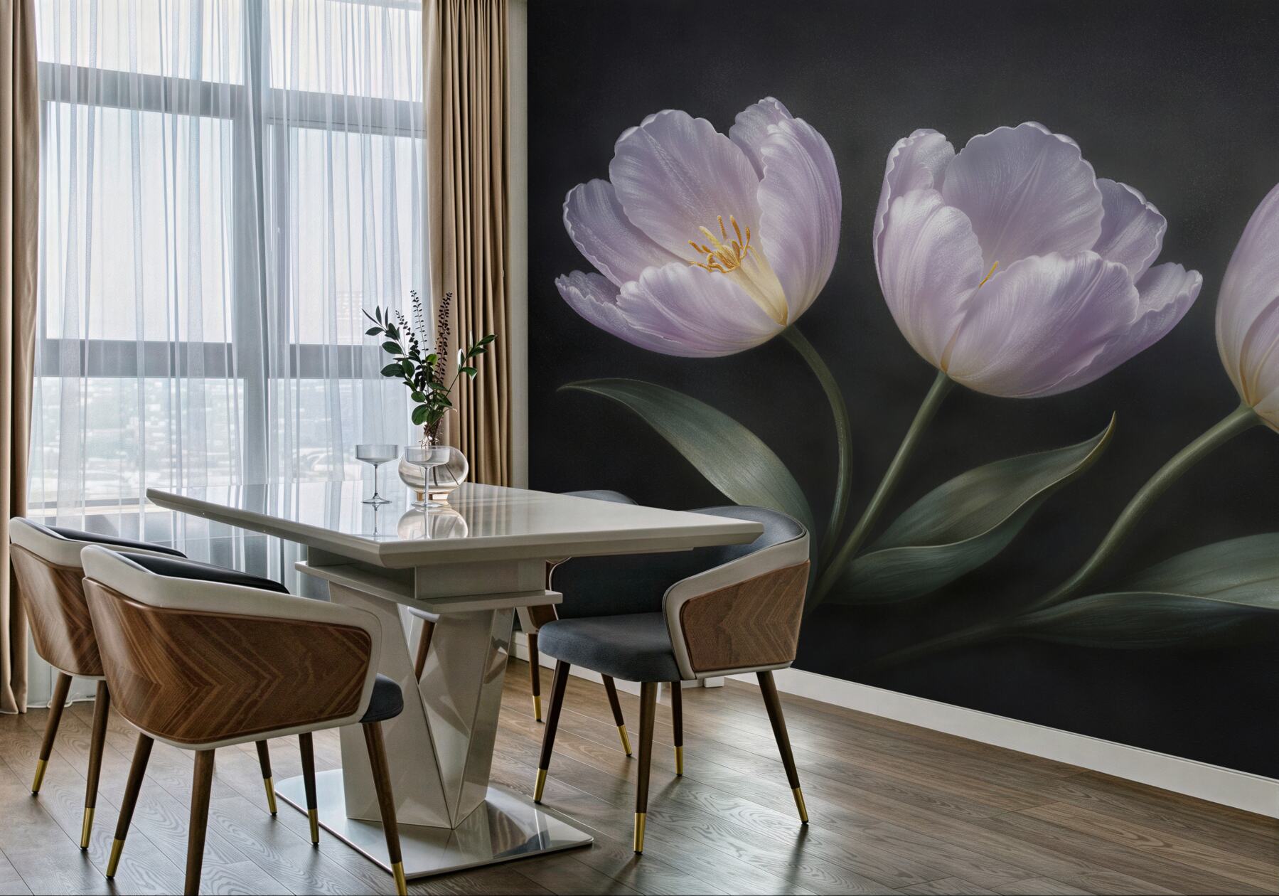 Fototapeten Helle Tulpen auf Schwarz