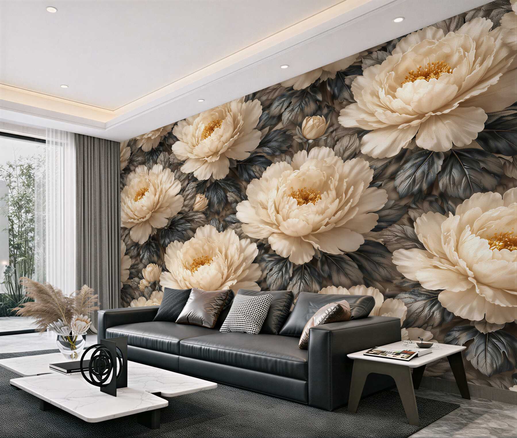 Fototapeten Cremefarbene Pfingstrosen im eleganten Stil