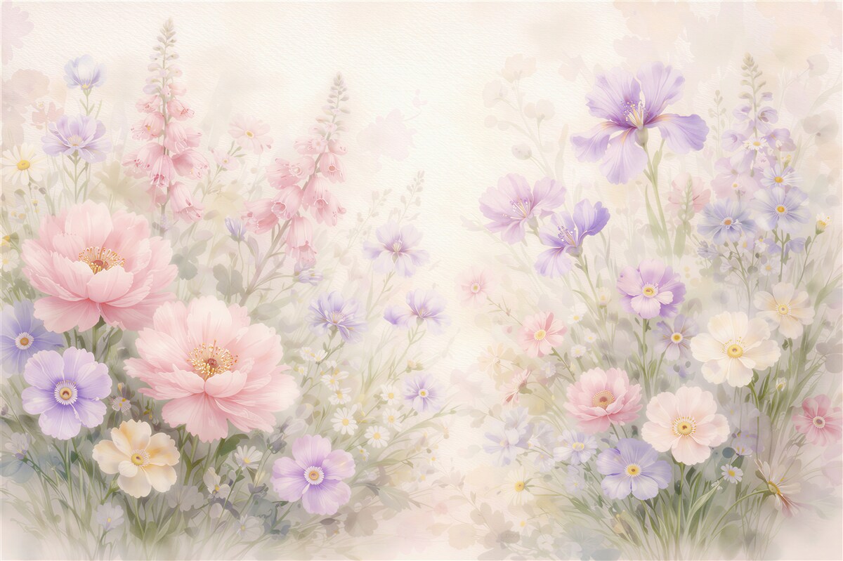 Fototapeten Pastellfarbene Blumenwiese in Aquarell