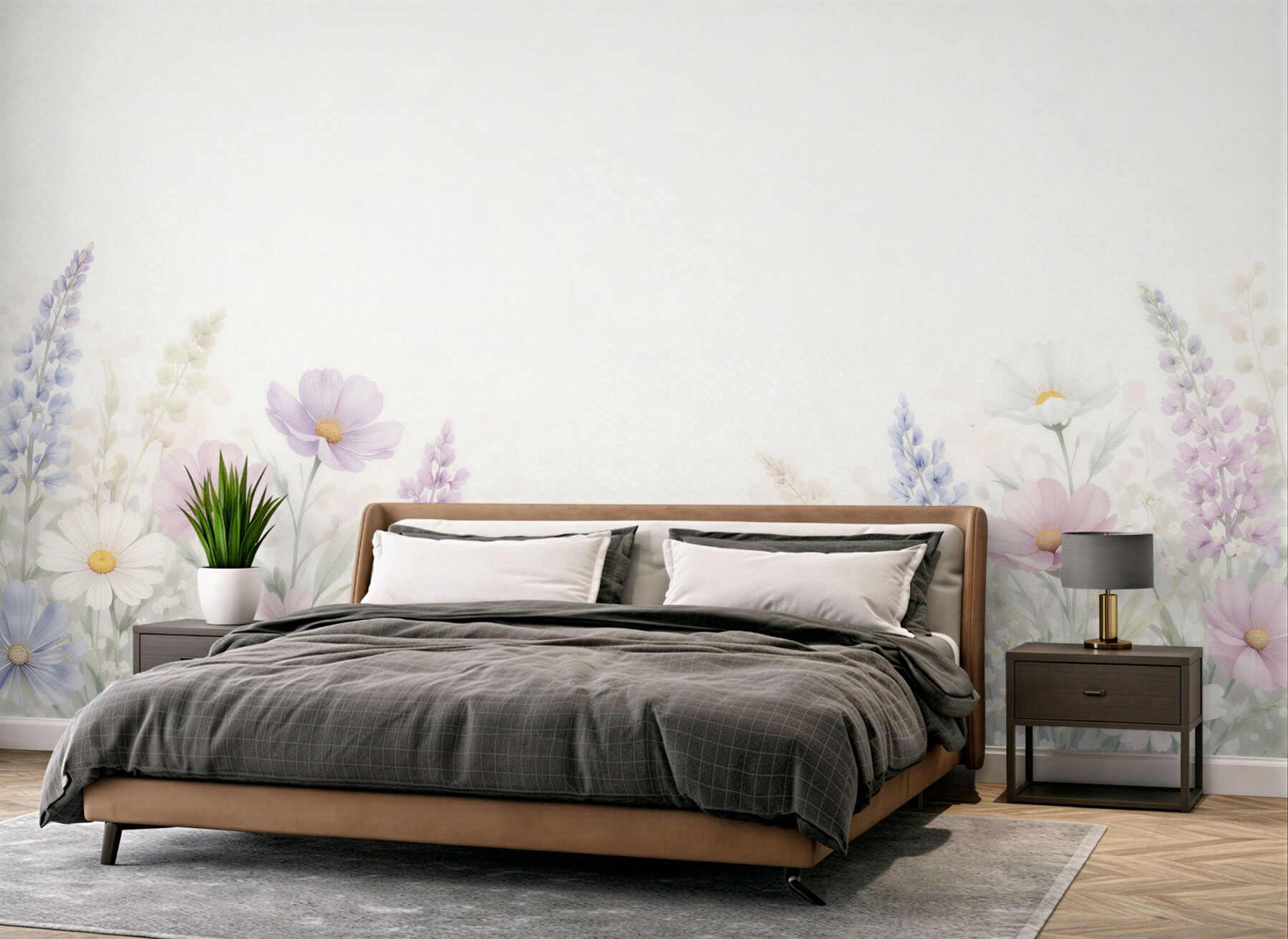 Fototapeten Zarte Wiese mit pastellfarbenen Blumen