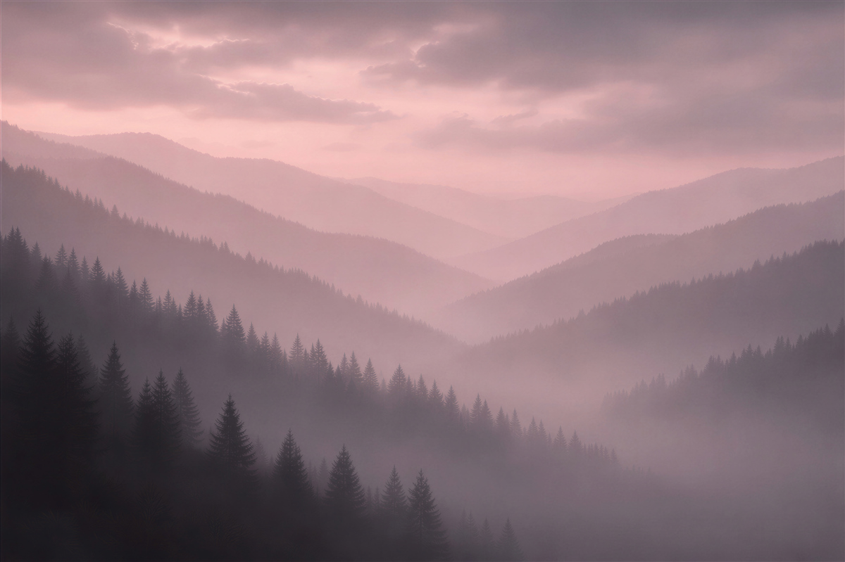 Fototapeten Nebliges Tal im rosa Morgengrauen