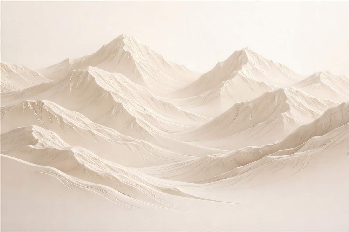 Fototapeten Cremefarbene Berge im weichen Nebel
